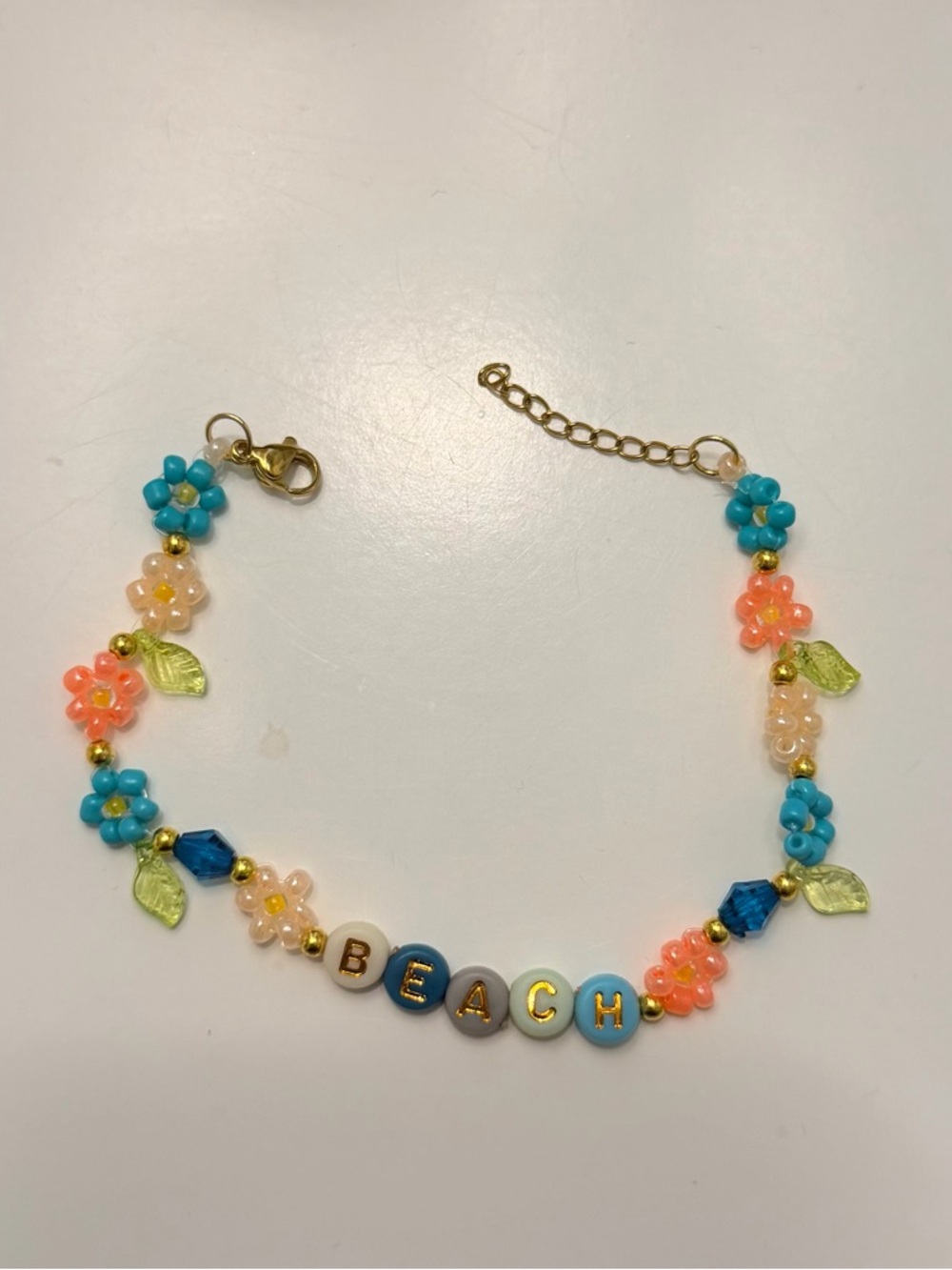 Homemade Gold-Accent 'BEACH' Flower Bead Bracelet - Blue, Pink & Yellow
